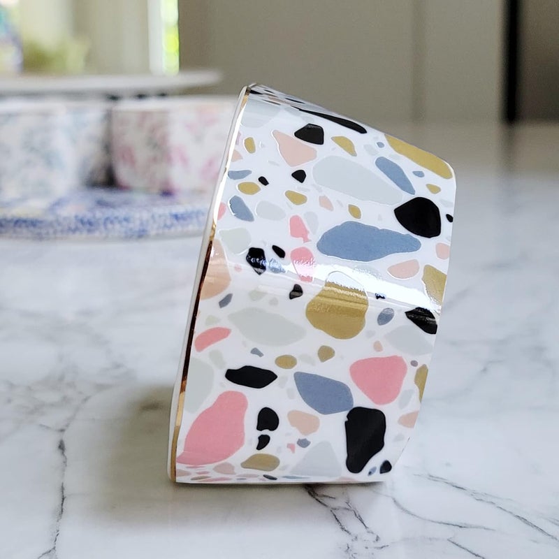 LEAZUL Ceramic Paper Clip Holder With Gold Line Geometric Terrazzo Marble Paper Clip Dispenser for Desk Cute Paper Clip Organizer Office Binder Clip Holder Gift for Office Pink - Image 2